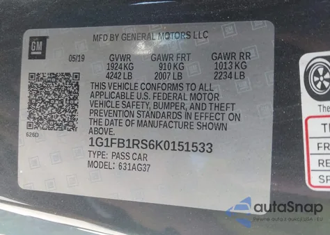 2019 Chevrolet Camaro 1Lt z USA, uszkodzony, nr VIN 1G1FB1RS6K0151533